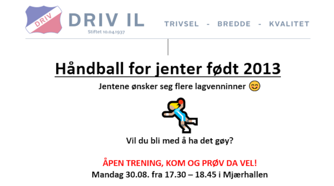 Håndball jenter født 2013, åpen trening mandag 30.08.21